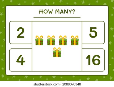 How many gift box, game for children. Vector illustration, printable worksheet
