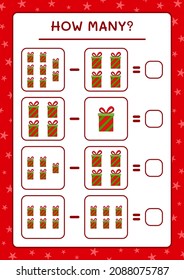 How many gift box, game for children. Vector illustration, printable worksheet