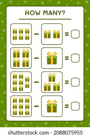 How many gift box, game for children. Vector illustration, printable worksheet