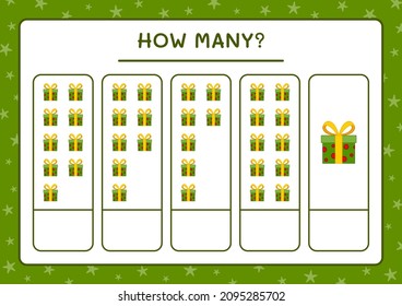 How many gift box, game for children. Vector illustration, printable worksheet