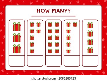 How many gift box, game for children. Vector illustration, printable worksheet