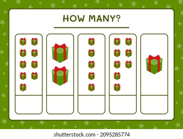 How many gift box, game for children. Vector illustration, printable worksheet