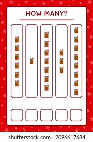 ¿Cuántas cajas de regalo, juegos para niños? Ilustración del vector, hoja de cálculo imprimible
