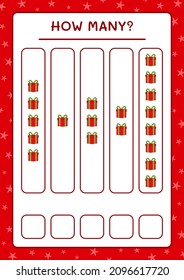 ¿Cuántas cajas de regalo, juegos para niños? Ilustración del vector, hoja de cálculo imprimible