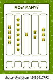 How many gift box, game for children. Vector illustration, printable worksheet