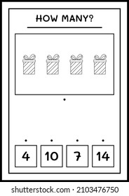 How many gift box, game for children. Vector illustration, printable worksheet