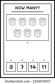 How many gift box, game for children. Vector illustration, printable worksheet