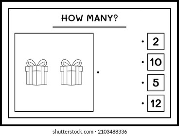 ¿Cuántas cajas de regalo, juegos para niños? Ilustración del vector, hoja de cálculo imprimible
