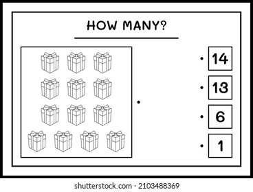 ¿Cuántas cajas de regalo, juegos para niños? Ilustración del vector, hoja de cálculo imprimible