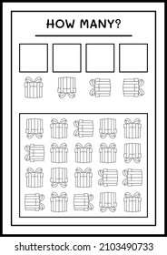 How many gift box, game for children. Vector illustration, printable worksheet