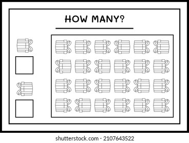 How many gift box, game for children. Vector illustration, printable worksheet