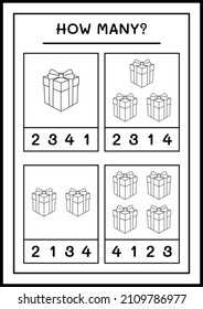 ¿Cuántas cajas de regalo, juegos para niños? Ilustración del vector, hoja de cálculo imprimible