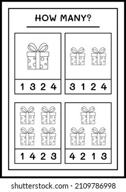 ¿Cuántas cajas de regalo, juegos para niños? Ilustración del vector, hoja de cálculo imprimible