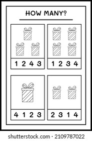How many gift box, game for children. Vector illustration, printable worksheet