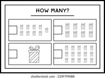 How many gift box, game for children. Vector illustration, printable worksheet
