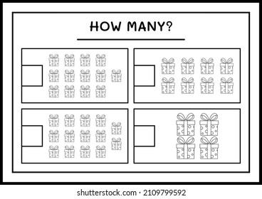 How many gift box, game for children. Vector illustration, printable worksheet