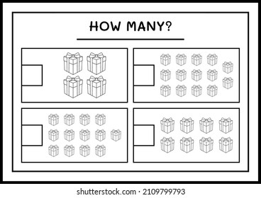 How many gift box, game for children. Vector illustration, printable worksheet