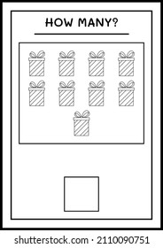 ¿Cuántas cajas de regalo, juegos para niños? Ilustración del vector, hoja de cálculo imprimible