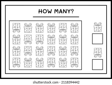 How many gift box, game for children. Vector illustration, printable worksheet