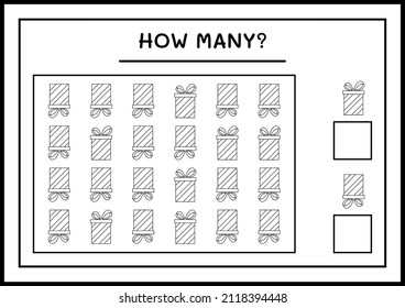 How many gift box, game for children. Vector illustration, printable worksheet