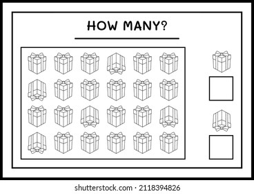 How many gift box, game for children. Vector illustration, printable worksheet