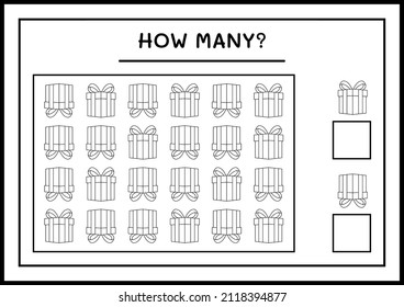 How many gift box, game for children. Vector illustration, printable worksheet