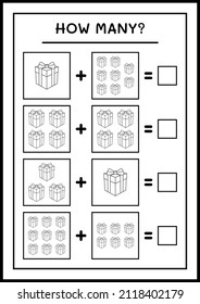 How many gift box, game for children. Vector illustration, printable worksheet