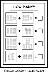 ¿Cuántas cajas de regalo, juegos para niños? Ilustración del vector, hoja de cálculo imprimible