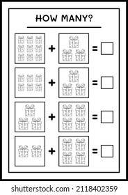 How many gift box, game for children. Vector illustration, printable worksheet
