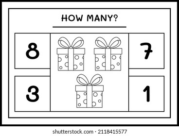 How many gift box, game for children. Vector illustration, printable worksheet
