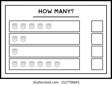 How many gift box, game for children. Vector illustration, printable worksheet
