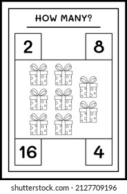 How many gift box, game for children. Vector illustration, printable worksheet