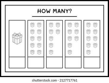 ¿Cuántas cajas de regalo, juegos para niños? Ilustración del vector, hoja de cálculo imprimible