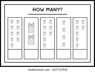 How many gift box, game for children. Vector illustration, printable worksheet