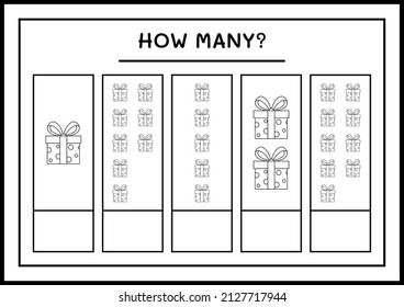 How many gift box, game for children. Vector illustration, printable worksheet