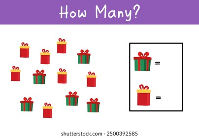 Cuántas cajas de regalo. Juego de matemáticas para niños. Hoja de trabajo imprimible para preescolares. Juego de conteo para niños.