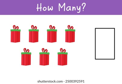 How Many Gift Box. Math game for kids. Printable worksheet for preschoolers. Counting game for children.