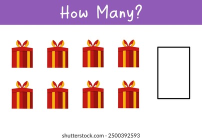 Cuántas cajas de regalo. Juego de matemáticas para niños. Hoja de trabajo imprimible para preescolares. Juego de conteo para niños.