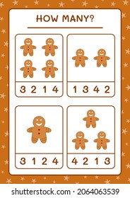 ¿Cuántas galletas de pan de jengibre, juegos para niños? Ilustración del vector, hoja de cálculo imprimible