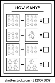 ¿Cuántas galletas de pan de jengibre, juegos para niños? Ilustración del vector, hoja de cálculo imprimible
