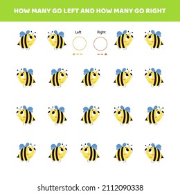 How many go left.How many go right.Counting game with cute cartoon bee.Worksheet for kids.