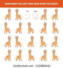 How many go left.How many go right.Counting game with cute cartoon giraffe.Worksheet for kids.