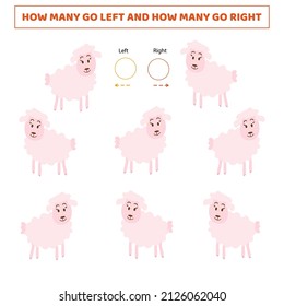 How many go left.How many go right.Counting game with cute cartoon pink sheep.