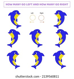 How many go left.How many go right.Counting game with cute cartoon dolphin.