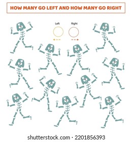 How many go left.How many go right.Counting game with cute cartoon skeleton.