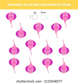 How many go up.How many go down.Counting game with cute cartoon stingray fish.Worksheet for kids.