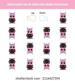 How many go up.How many go down.Counting game with cute cartoon owl.Worksheet for kids.