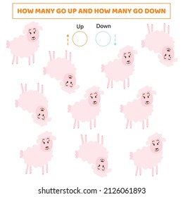 How many go up.How many go down.Counting game with cute cartoon sheep.