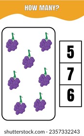 How many grape are there? Educational math game for kids. Printable worksheet design for preschool or elementary kids.