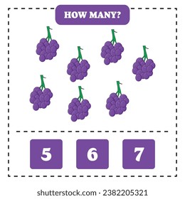 How many grape are there? Educational worksheet design for children. Counting game for kids.